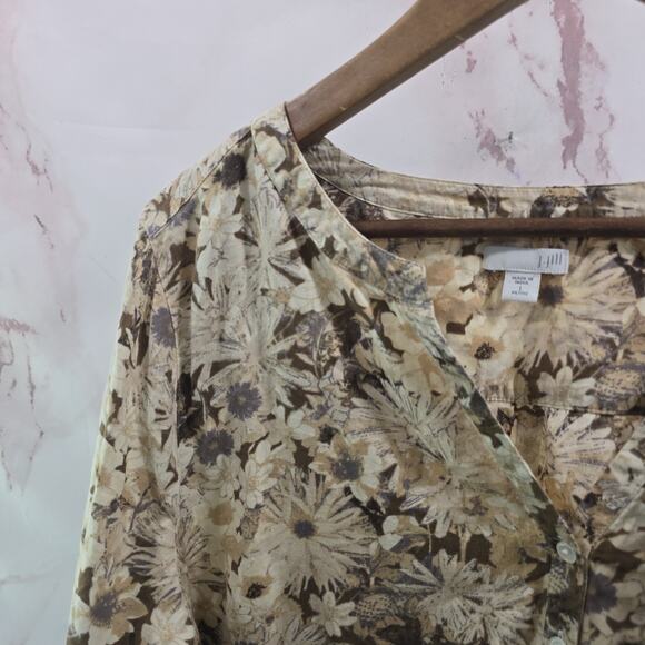 J Jill Shirt Womens Large P Petite Yellow Beige Floral Button Up Popover Notch - Picture 2 of 10